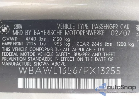2007 BMW 328I from USA, damaged, VIN WBAWL13567PX13255